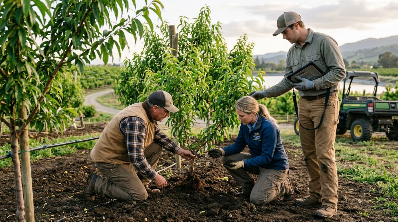 Active agricultural team cultivating healthy crops in disciplined straight rows