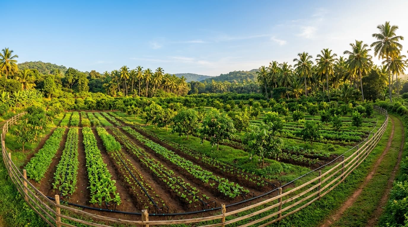Neatly cultivated agricultural acreage with crops and irrigation under open skies