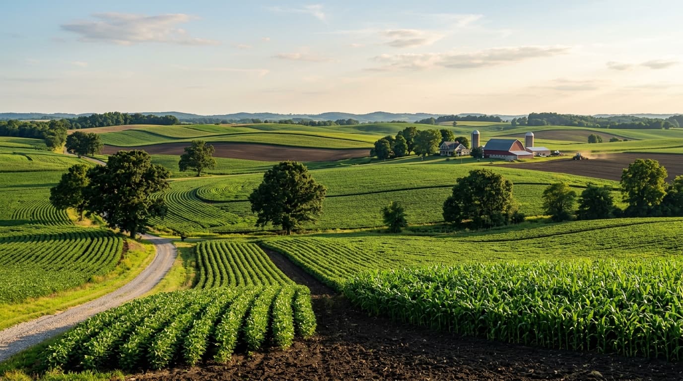 Rolling green agricultural acreage with orderly contour furrows