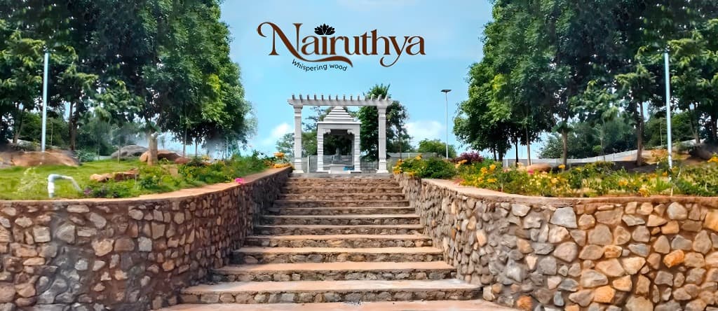 Nairuthya Whispering Wood — Grand Stone Steps & Temple Pergola