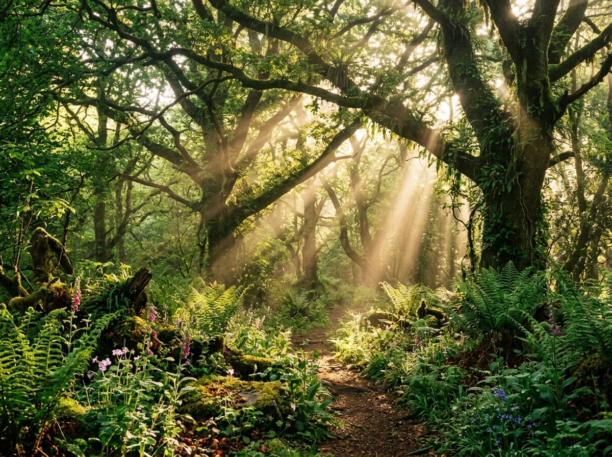 Lush green tree canopy with sunlight filtering through native trees