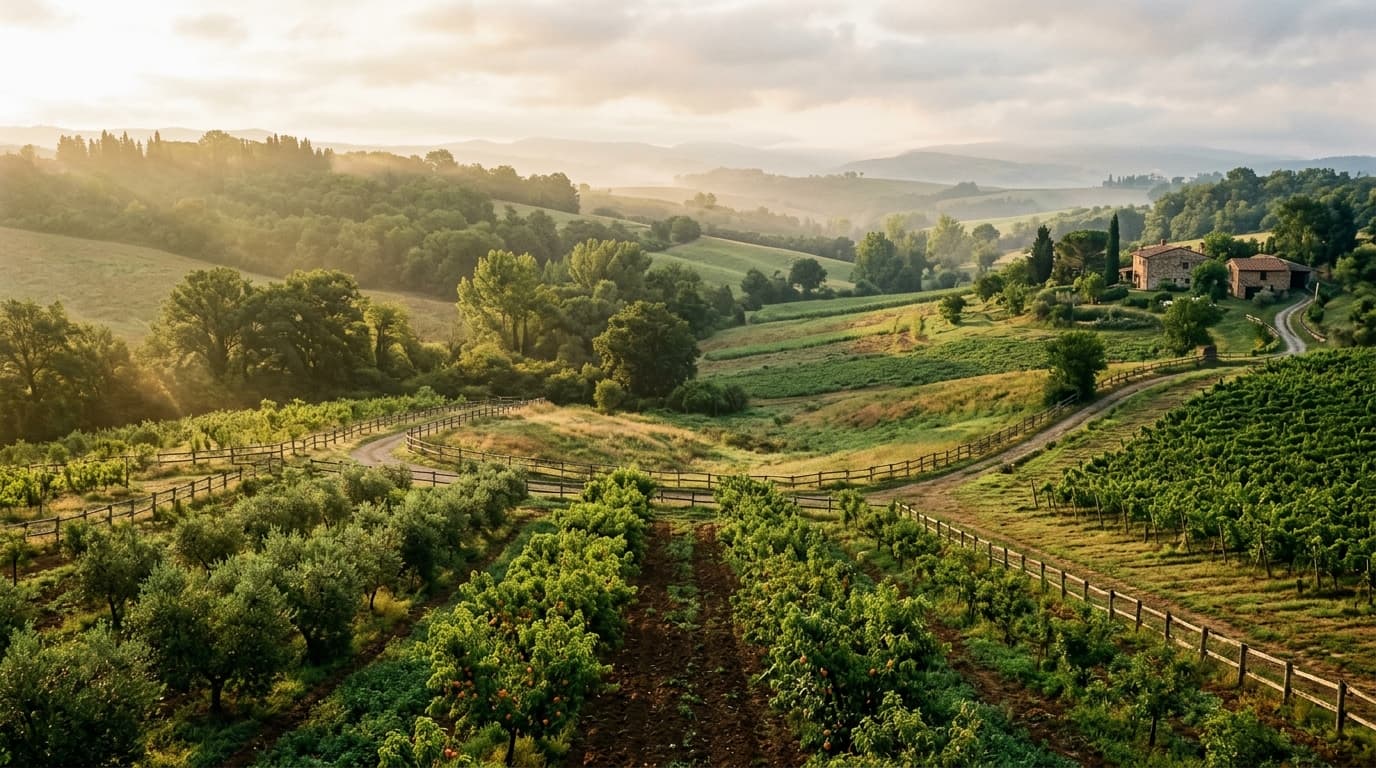 Panoramic agricultural contours demonstrating sustainable watershed engineering