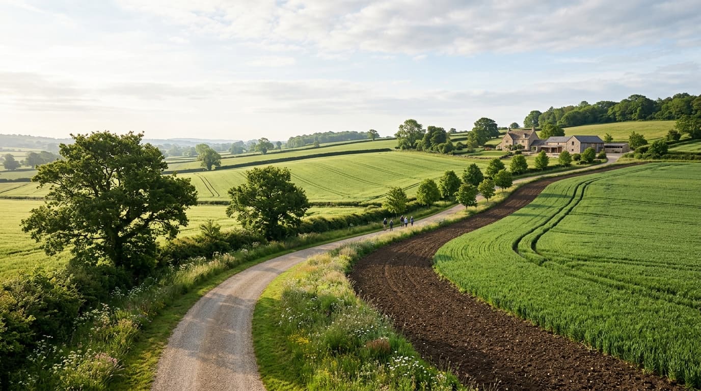 Peaceful gravel farm pathway meandering through open fields and shade trees