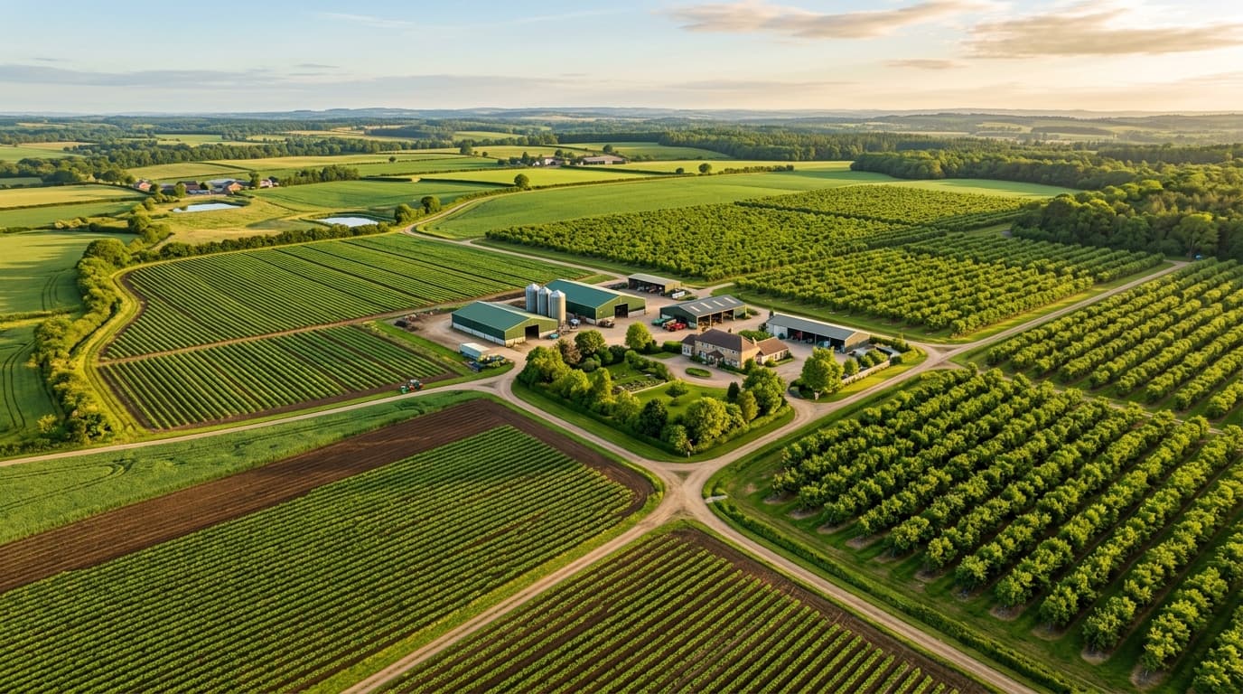 Expansive managed agricultural estate with disciplined crop rows and fruit trees