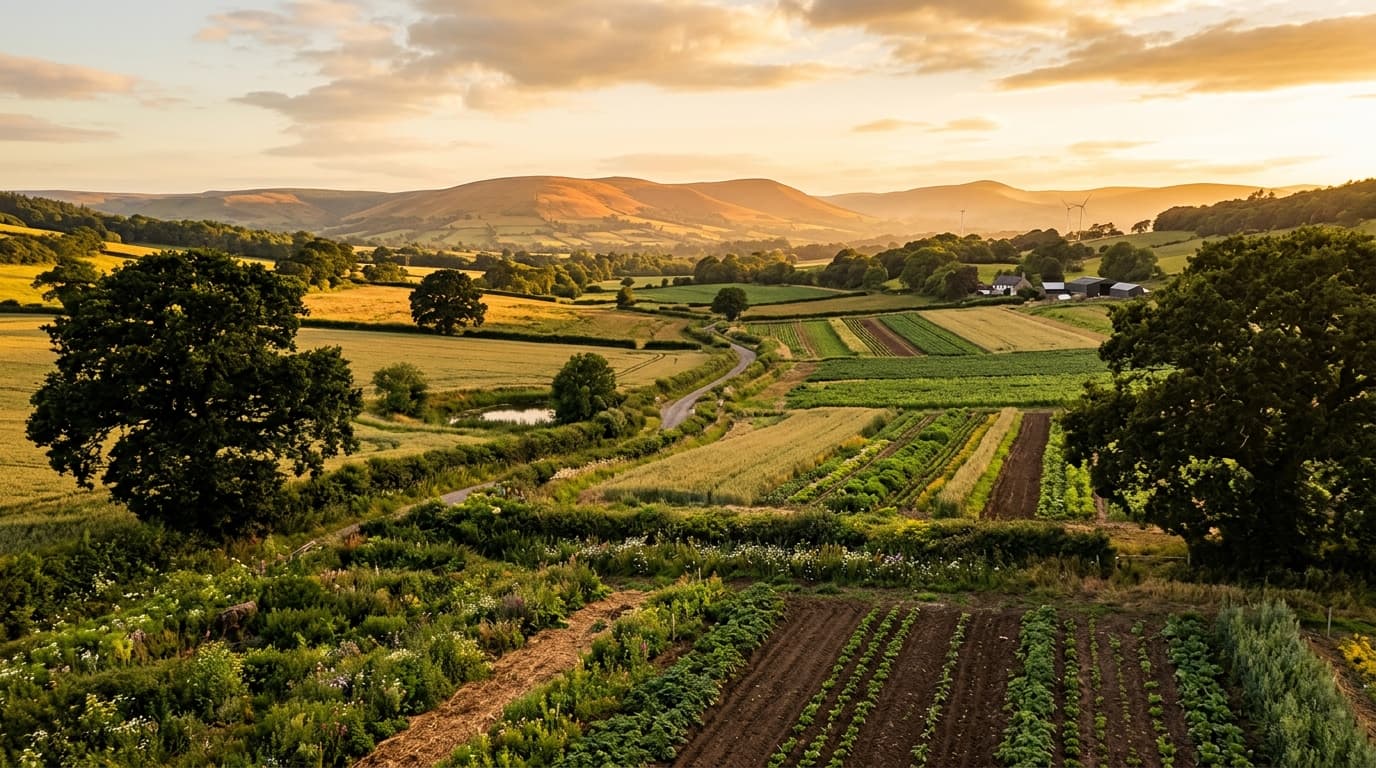 Expansive organic managed farmland with healthy crop rows, rolling contours, and sunset hills