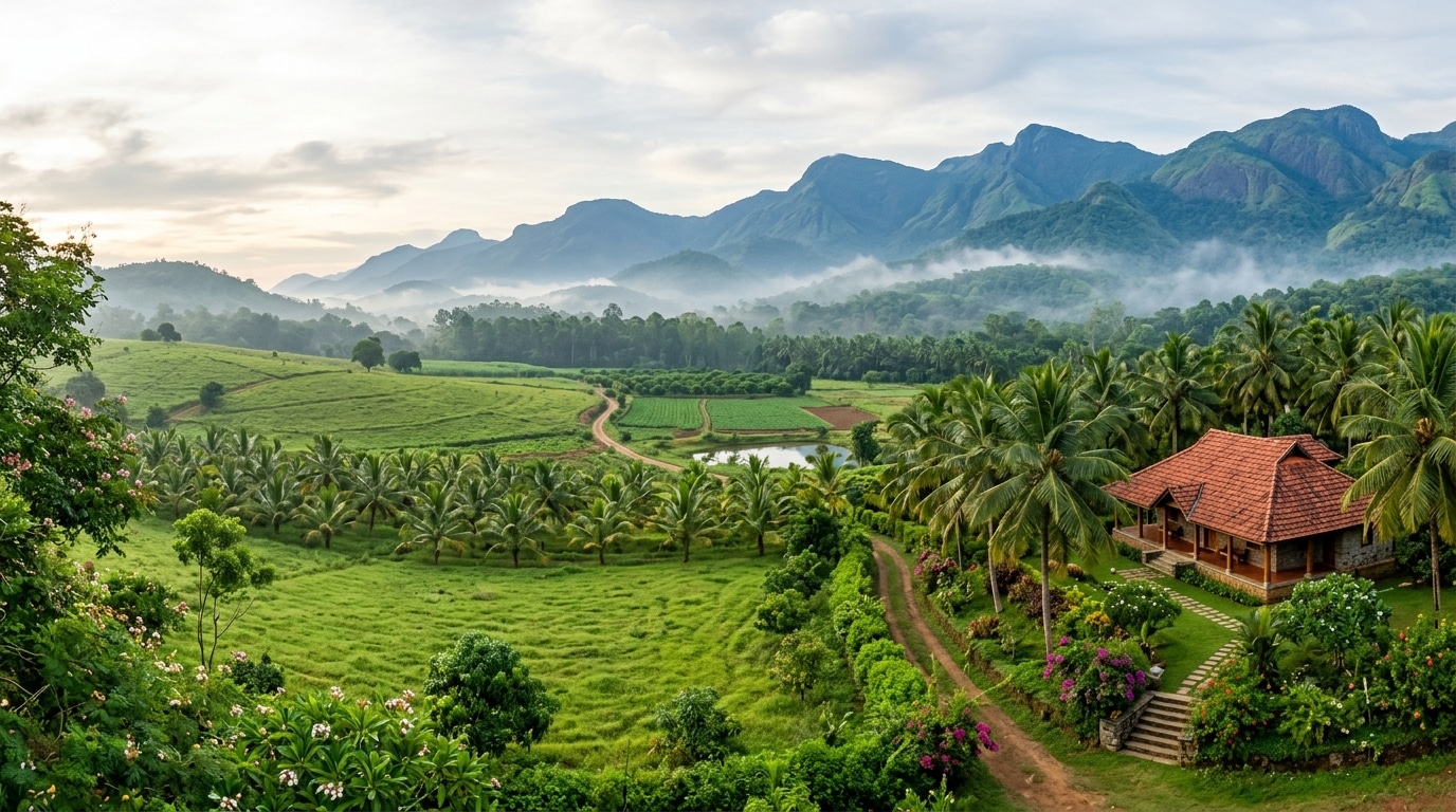 Breathtaking panoramic view of an expansive managed farmland estate with rolling green meadows, coconut groves, eco-farmhouse villa, and misty mountain hills