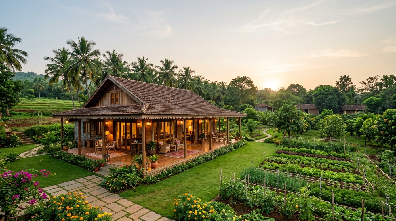 Luxury eco-farmhouse villa on a managed farmland estate surrounded by lush lawns, vegetable gardens, and coconut palms